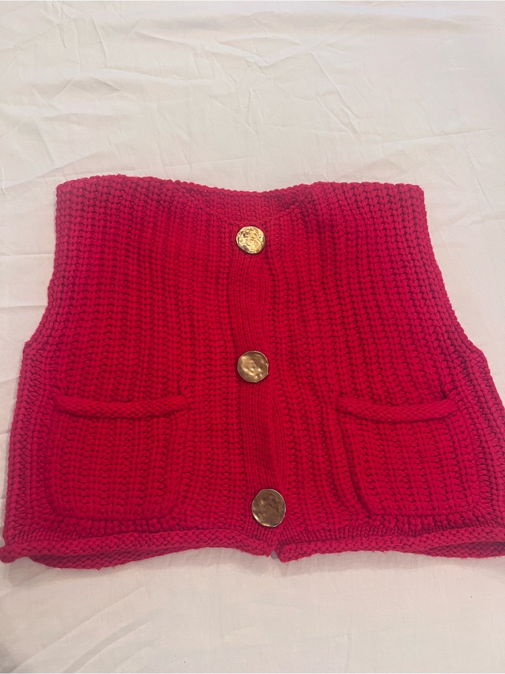 Commense Red Solid Knit Sleeveless Sweater Vest Button Front Pockets Womens M